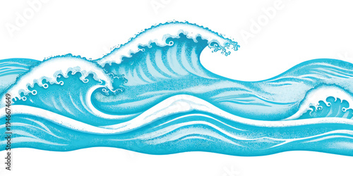 Stylized blue ocean waves with white crests and sea foam texture