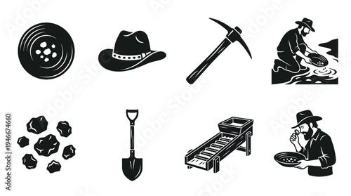 Gold Prospecting Icons Vector – Mining Tools, Panning, Nuggets, Historical Exploration Graphic