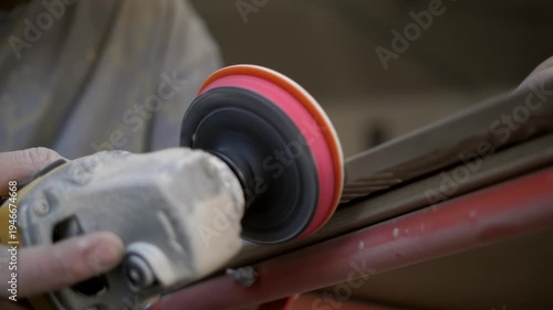 Close-up of a master carefully sanding a tile corner with a power grinder to ensure a tight and even joint.