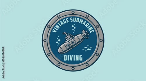 Vintage Submarine Diving Emblem with Underwater Scene.