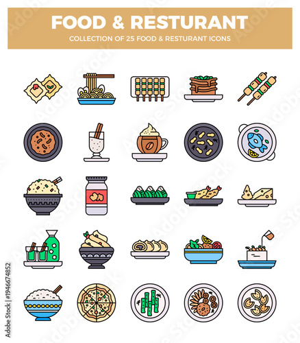 flat design food and restaurant icons on a white background