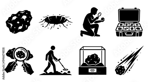 Meteorite Study Icons Vector – Collecting, Craters, Fragments, Examination, Display Graphic