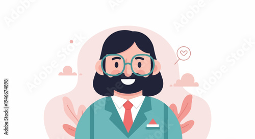 Animated man in a teal suit with glasses and a beard smiles