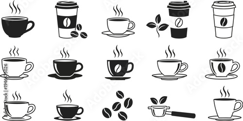 Coffee cups and coffee beans illustrations on white background