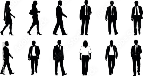 Silhouette Set of Professional Business People Walking and Standing in Formal Suits for Corporate Identity and Office Career Concept Designs