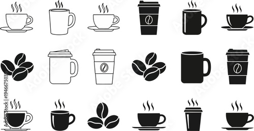 Collection of coffee cups and beans in black and white illustrations