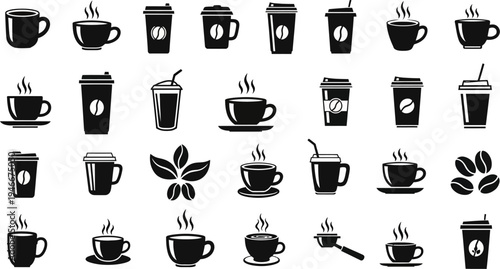 Black and white coffee cups and coffee beans icons on white background