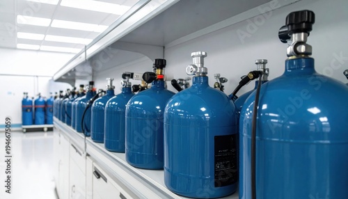 Obraz na płótnie A neat row of portable blue oxygen tanks with silver regulators, meticulously stored on white shelves in a designated medical facility area, ready for respiratory care