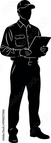 Silhouette of a professional male delivery worker or contractor in uniform wearing a cap and holding a clipboard for inspection.