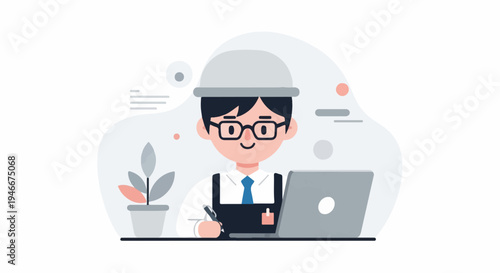 Animated man in hard hat and glasses works on laptop, holding pen