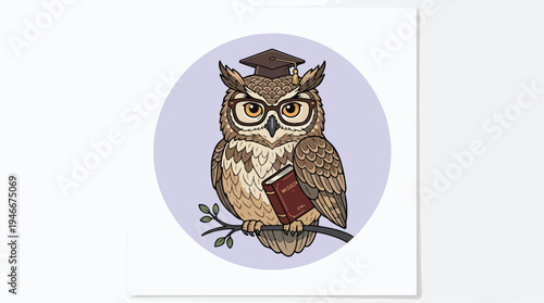Wise Owl Wearing Graduation Cap and Glasses Holding a Book.
