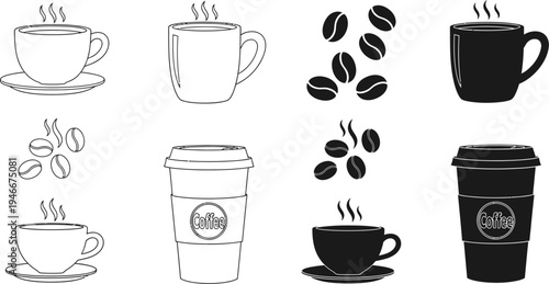 Coffee cups and beans illustrations in black and white on transparent background