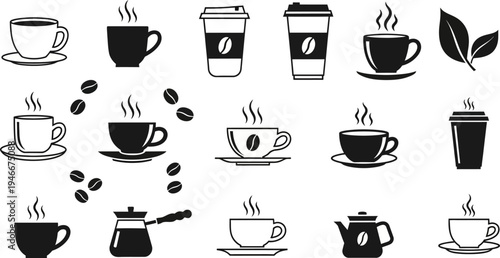 Black and white coffee cups and teapots with coffee beans on white background