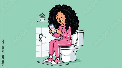 Young Woman with Curly Hair Sitting on Toilet Using Smartphone.