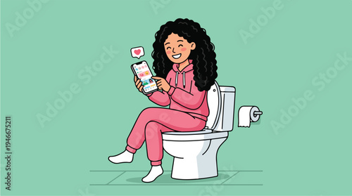 Young Woman Using Smartphone While Sitting on Toilet.