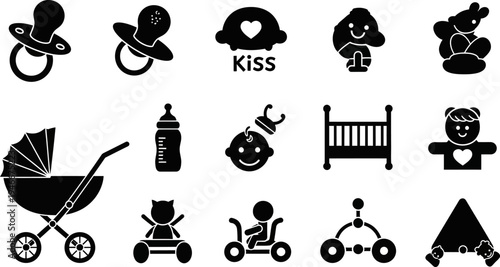 black and white baby icons including stroller and pacifier on white background