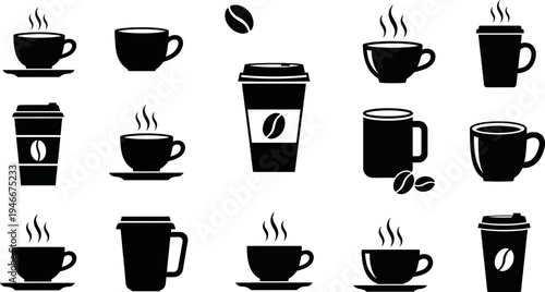 black silhouettes of various coffee cups and mugs with steam and coffee beans on white background
