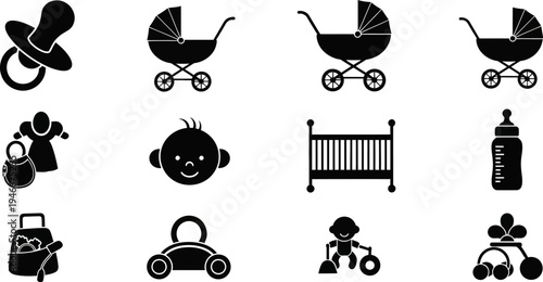 Collection of baby related icons including strollers and toys on white background