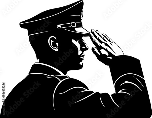 man in uniform saluting with right hand to his cap brim profile view