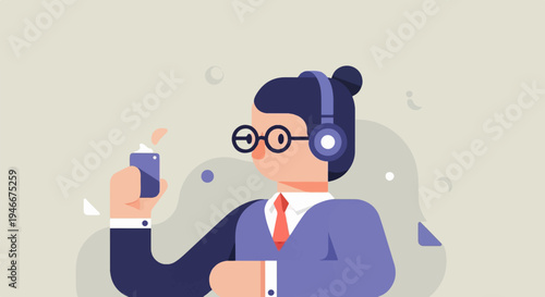 Animated man in suit and headphones holding a small device