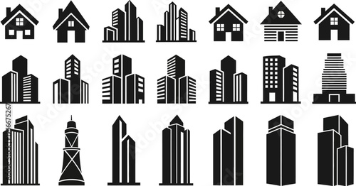 black and white city skylines and houses with various building silhouettes