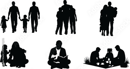 Silhouette illustrations of people and families in various activities and poses  family and togetherness concepts
