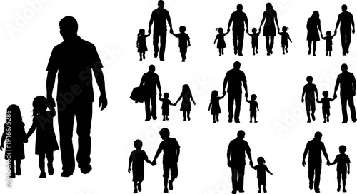 silhouettes of people walking with children and adults holding hands in various poses