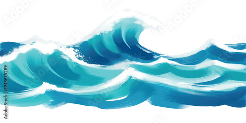 Painted blue ocean waves with white foam and spray, abstract style, crashing wave, sea wave, brush strokes