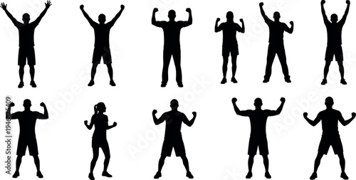 Silhouettes of diverse people celebrating success with raised arms and flexing muscles in victory poses for fitness health and motivation