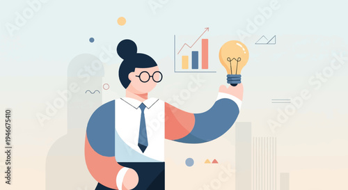Animated figure holds light bulb near bar chart and cityscape