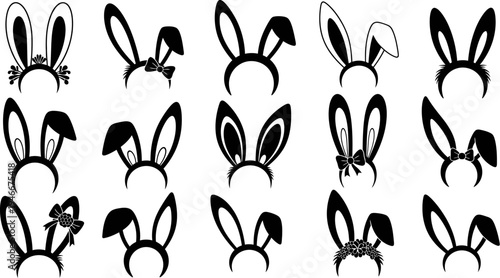 set of black silhouette bunny ears headbands with bows and flowers on white background