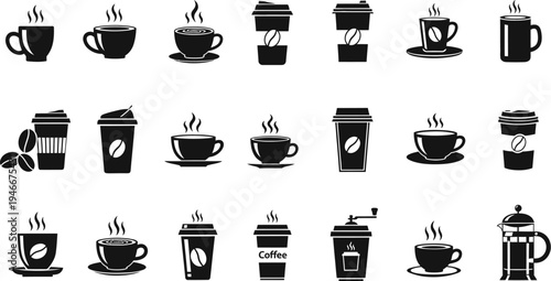collection of various coffee cups and coffee related items on white background