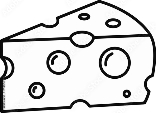 A thin black line drawing of a wedge of cheese with holes