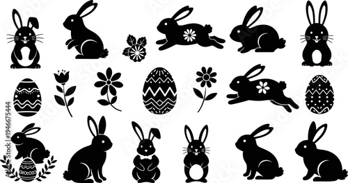 black silhouettes of rabbits and easter eggs with flowers on white background