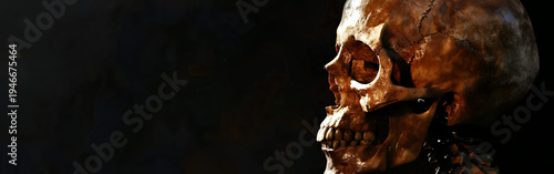 Human skull with chain around neck on dark background