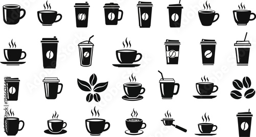 blackandwhite coffee cups and mugs with steam and coffee beans icons collection
