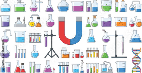 Cartoon Science Laboratory Equipment with Glassware, Magnet, and DNA for Education, Chemistry, and Science Illustrations