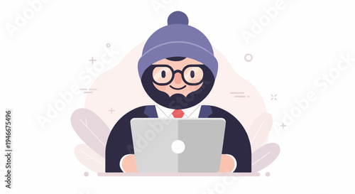 Animated figure in a suit and hat works on a laptop