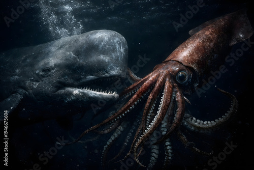 Giant Squid and Whale Encounter in Deep Ocean Abyss Cinematic Dramatic Underwater Scene