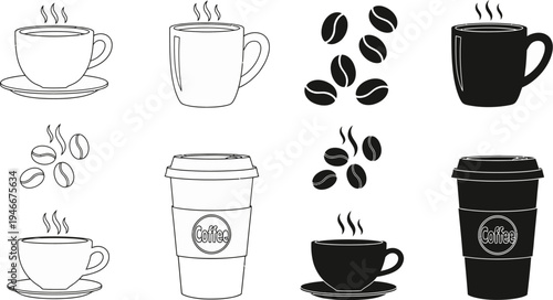 Set of coffee cups and beans in various styles and colors on white background