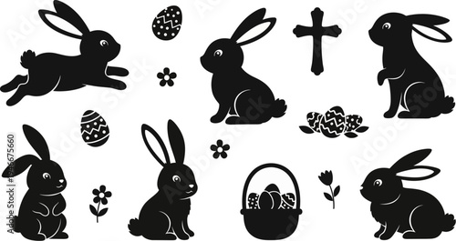Easterthemed black silhouettes of rabbits eggs flowers and cross on white background
