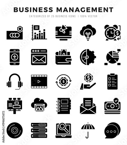 Set of 25 Business Management Glyph Icons Pack.