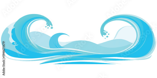 Stylized blue ocean waves crashing with white crests on a clean white background with abstract background with water splash with ocean wave with sea wave with breaking wave