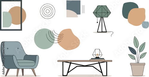 Abstract mid-century modern interior scene with furniture and decor