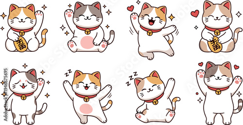 Cute lucky maneki neko cat character collection with happy poses Japanese fortune mascot kawaii cartoon vector illustration set