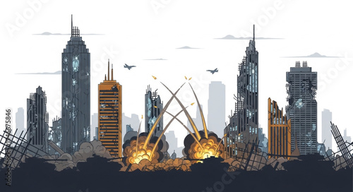 City Skyline with Explosion Damage.