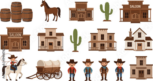 Cartoon Wild West Scene with Cowboys, Saloon, Horse, and Western Buildings for Adventure, History, and Entertainment Illustrations