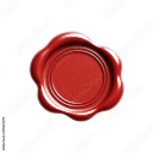 Red wax seal stamp in halftone style isolated on light background. Vintage sealing wax emblem symbolizing authenticity, approval and official document certification.