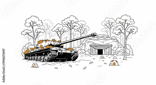 A tank rests near a concrete bunker and trees with autumn foliage