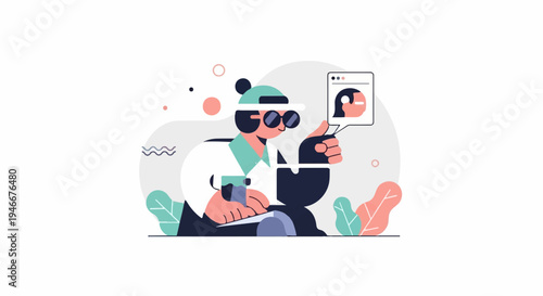 Animated character interacts digitally via a handheld device, with abstract elements